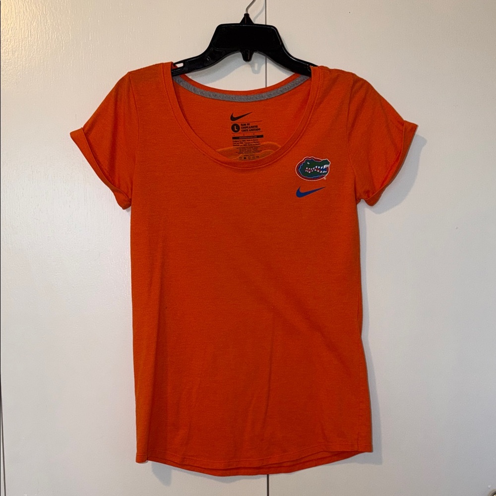 Nike Women's Orange Scoop Neck Gators Tee with Blue Accents, Slim Fit